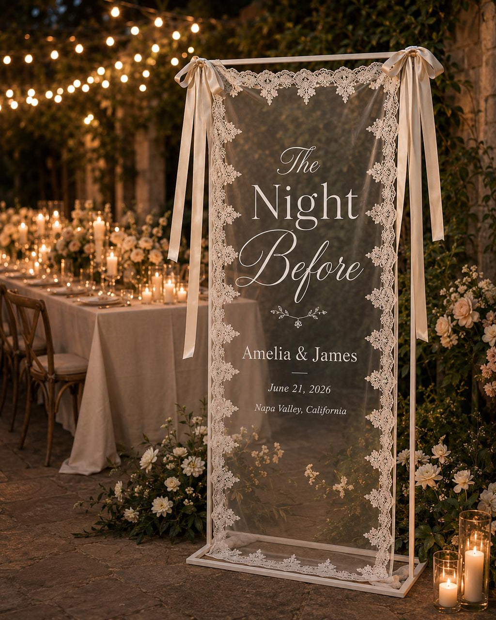 The Night Before Lace Banner, Personalized Rehearsal Dinner Sign, Custom Sheer Wedding Weekend Decor - product image 6