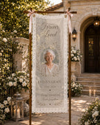 Memorial Lace Banner, Personalized Celebration of Life Sign, Custom Sheer Remembrance Banner – main product view