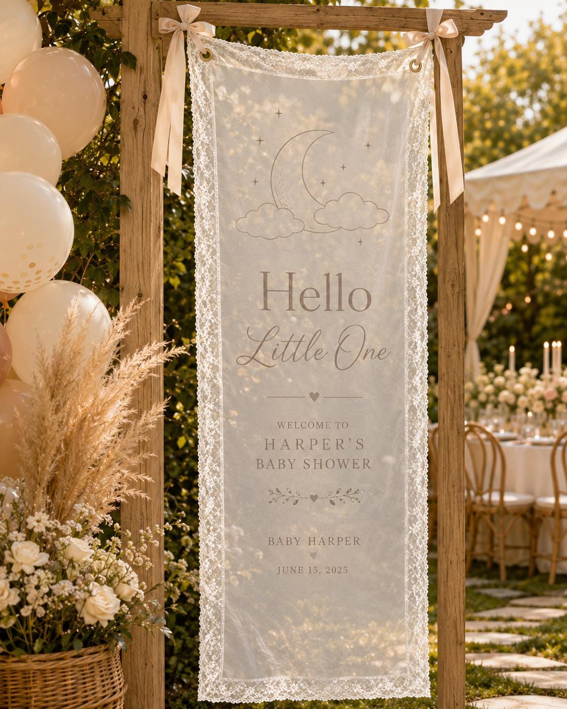 Personalized Baby Shower Banner, Lace Welcome Sign, Romantic Garden Party Decor - product image 6