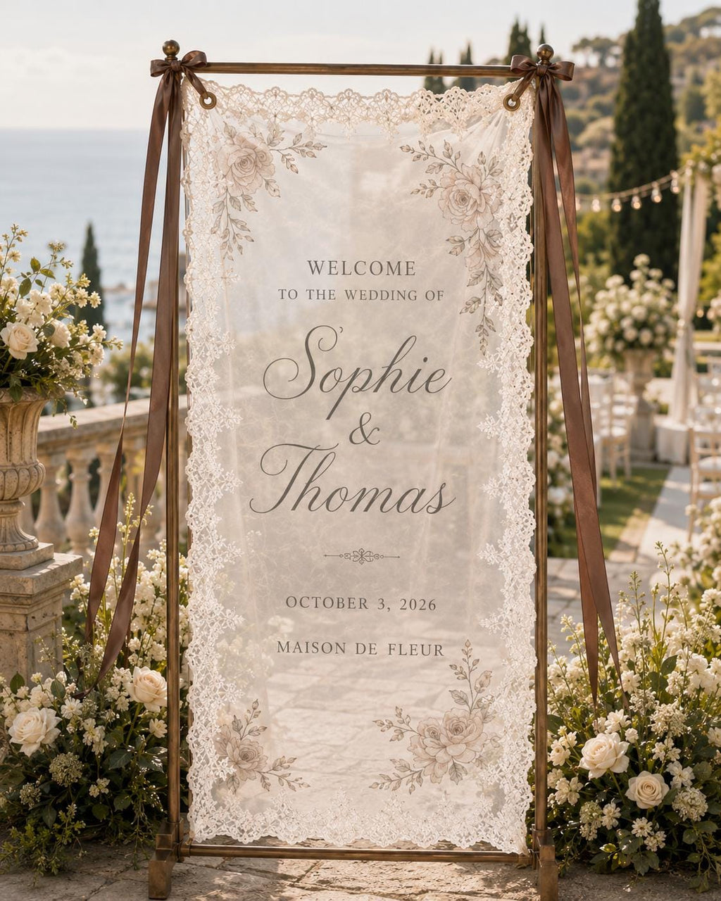French Chateau Wedding Lace Banner, Personalized Sheer Welcome Sign, Custom Elegant Ceremony Decor - product image 5