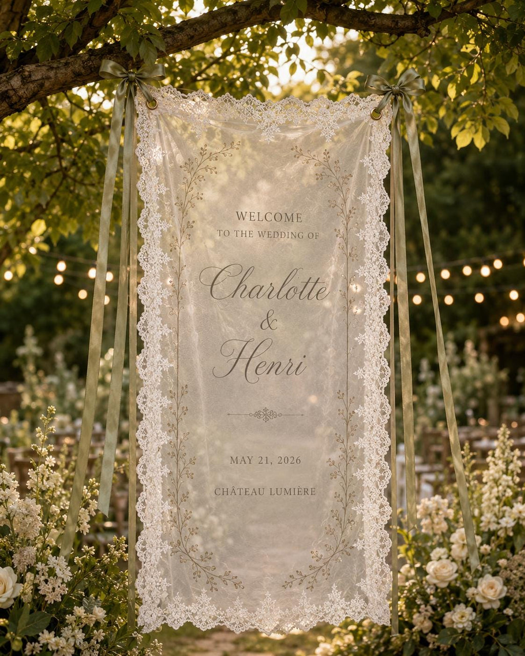 French Chateau Wedding Lace Banner, Personalized Sheer Welcome Sign, Custom Elegant Ceremony Decor - product image 6