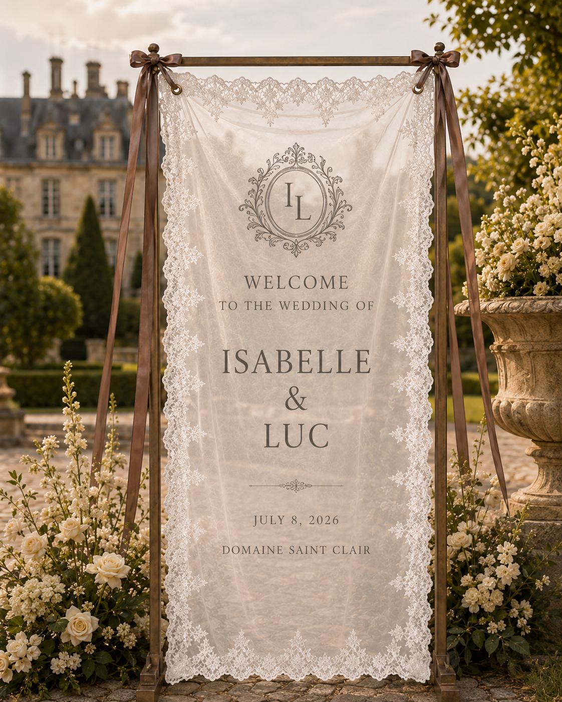 French Chateau Wedding Lace Banner, Personalized Sheer Welcome Sign, Custom Elegant Ceremony Decor - product image 7