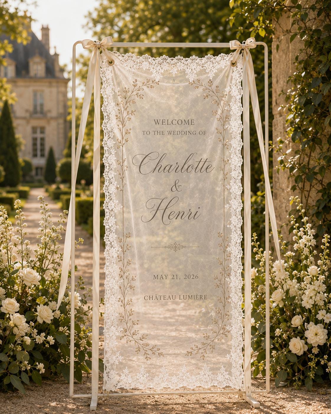 French Chateau Wedding Lace Banner, Personalized Sheer Welcome Sign, Custom Elegant Ceremony Decor - product image 8