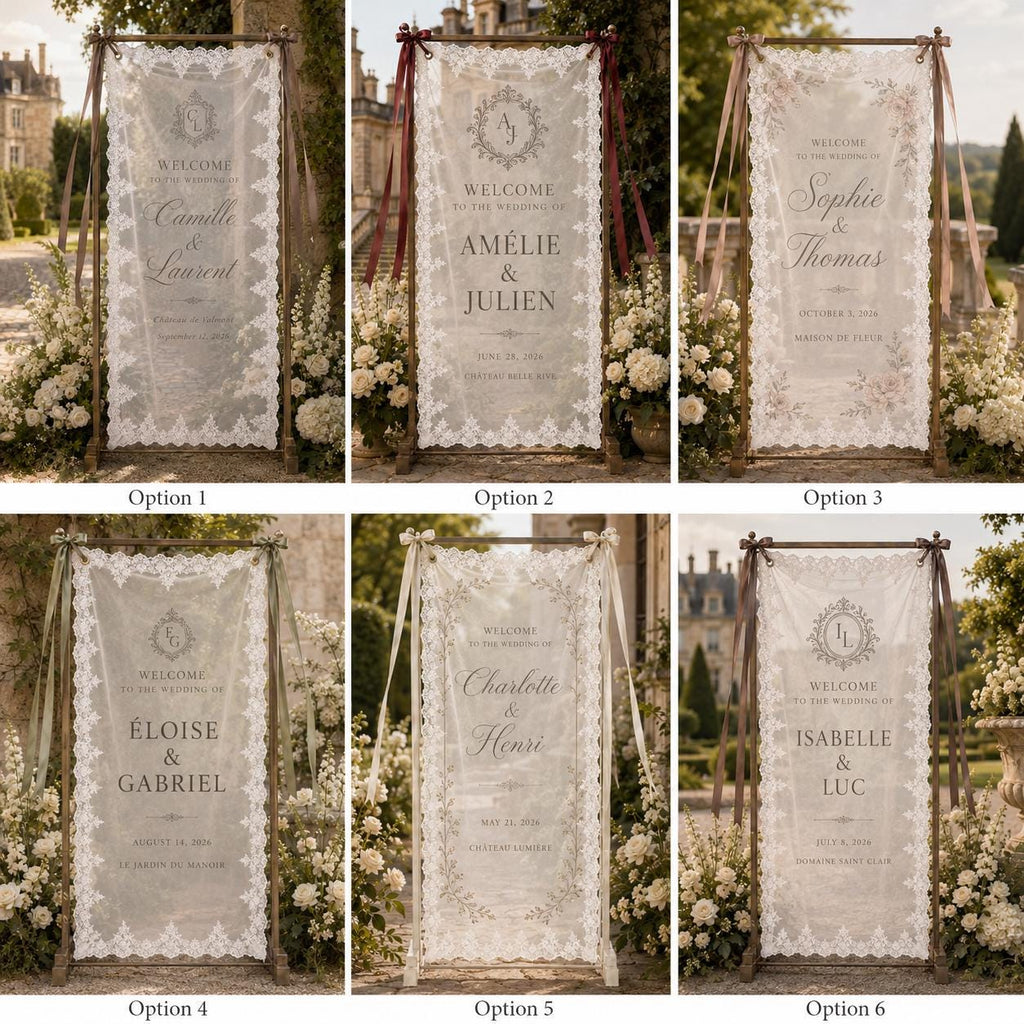 French Chateau Wedding Lace Banner, Personalized Sheer Welcome Sign, Custom Elegant Ceremony Decor - product image 2