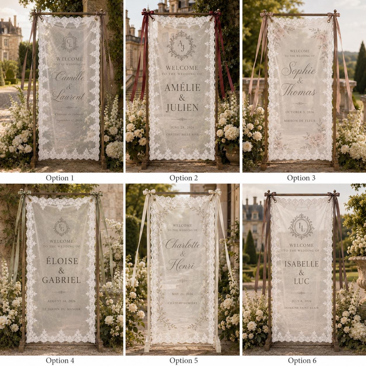French Chateau Wedding Lace Banner, Personalized Sheer Welcome Sign, Custom Elegant Ceremony Decor - product image 2