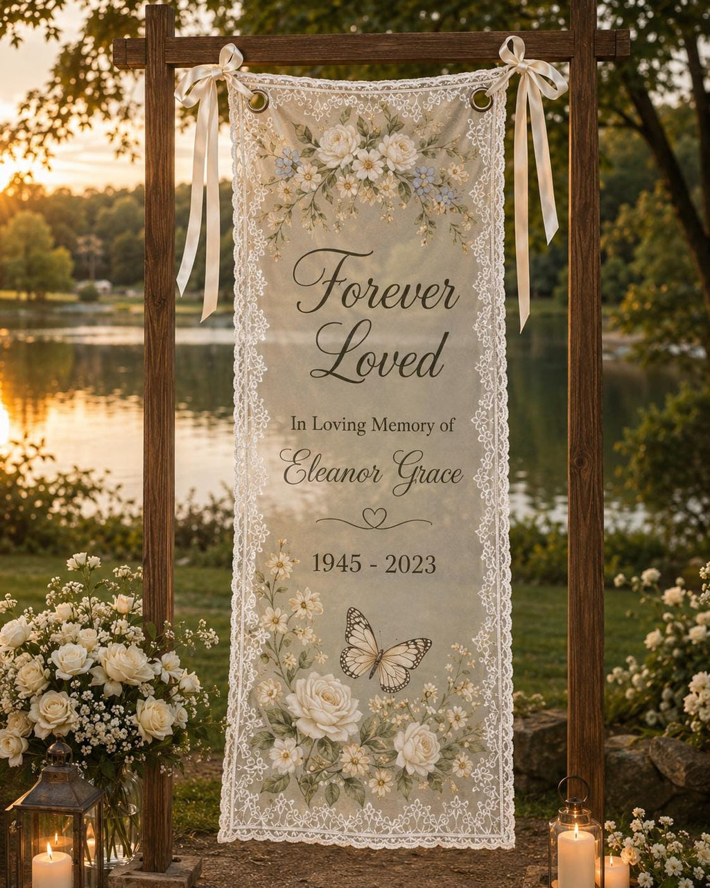Memorial Lace Banner, Personalized Sheer Remembrance Sign, Custom Celebration of Life Tribute Decor - product image 9