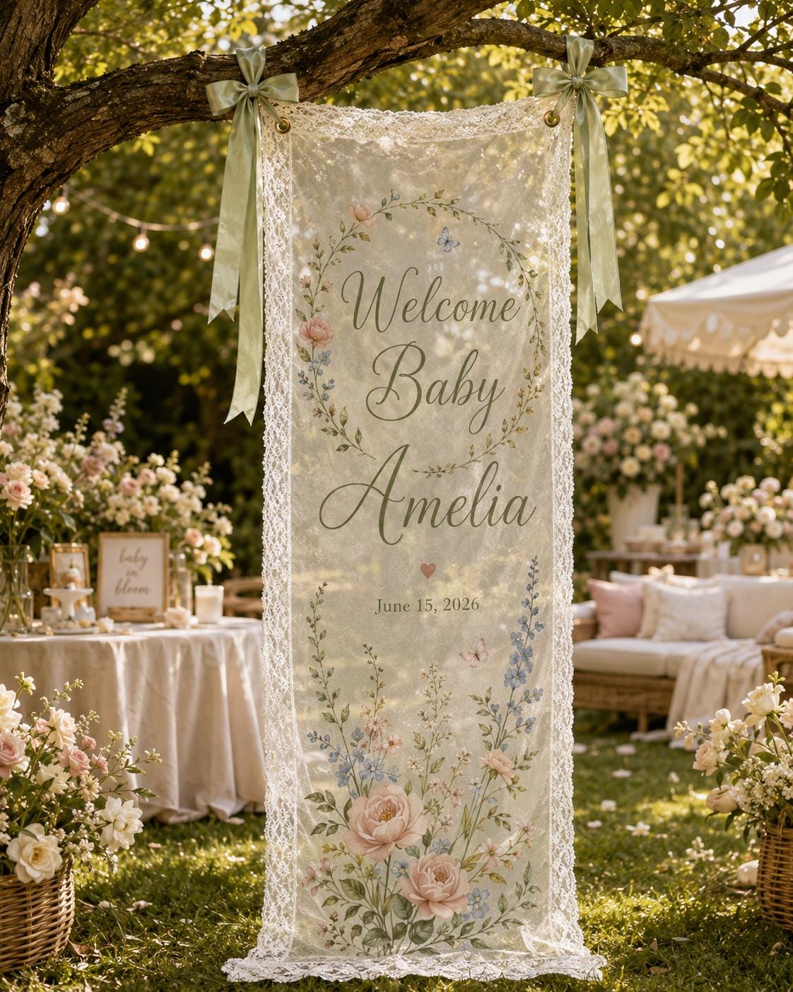Personalized Lace Welcome Banner, Sheer Fabric Event Decor, Custom Garden Party Sign - product image 8