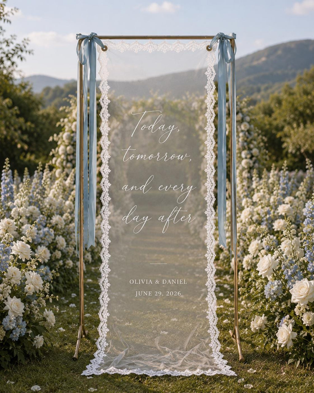 Wedding Vow Lace Banner, Personalized Sheer Ceremony Quote Sign, Custom Romantic Aisle Decor - product image 6