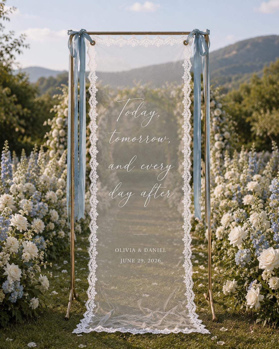 Wedding Vow Lace Banner, Personalized Sheer Ceremony Quote Sign, Custom Romantic Aisle Decor - product image 6