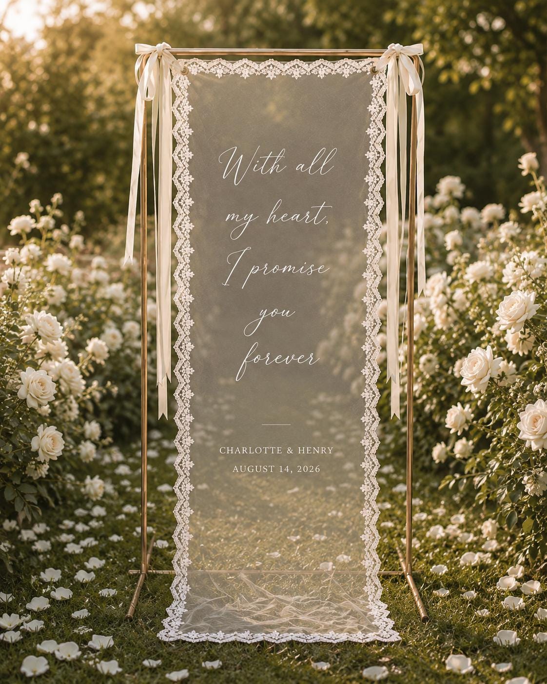 Wedding Vow Lace Banner, Personalized Sheer Ceremony Quote Sign, Custom Romantic Aisle Decor - product image 10