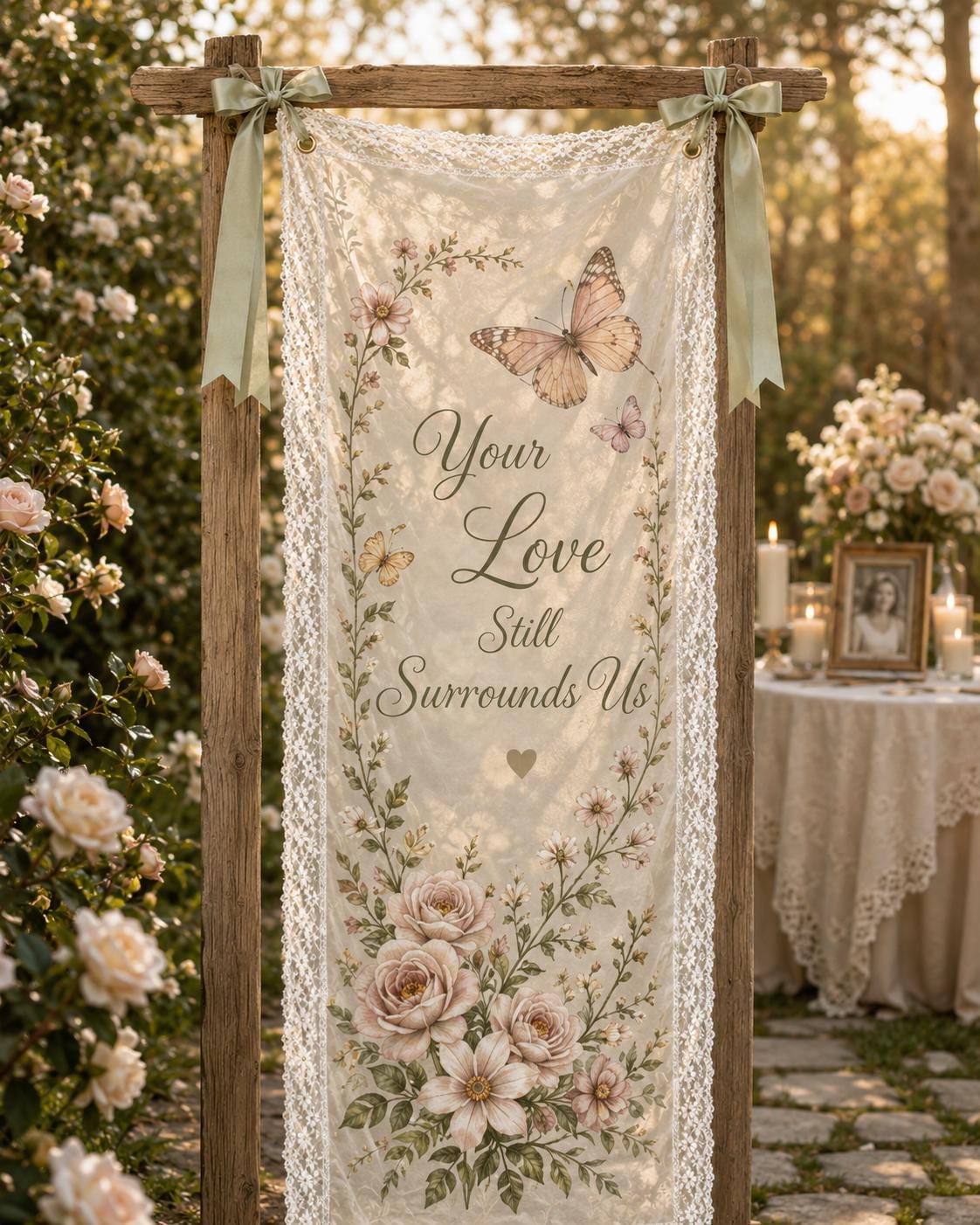Memorial Lace Banner, Personalized Celebration of Life Sign, Custom Sheer Remembrance Banner - product image 10
