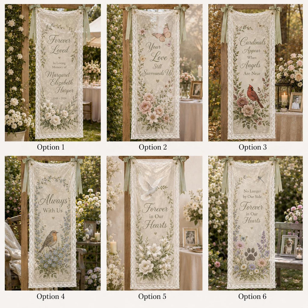 Memorial Lace Banner, Personalized Celebration of Life Sign, Custom Sheer Remembrance Banner - product image 2