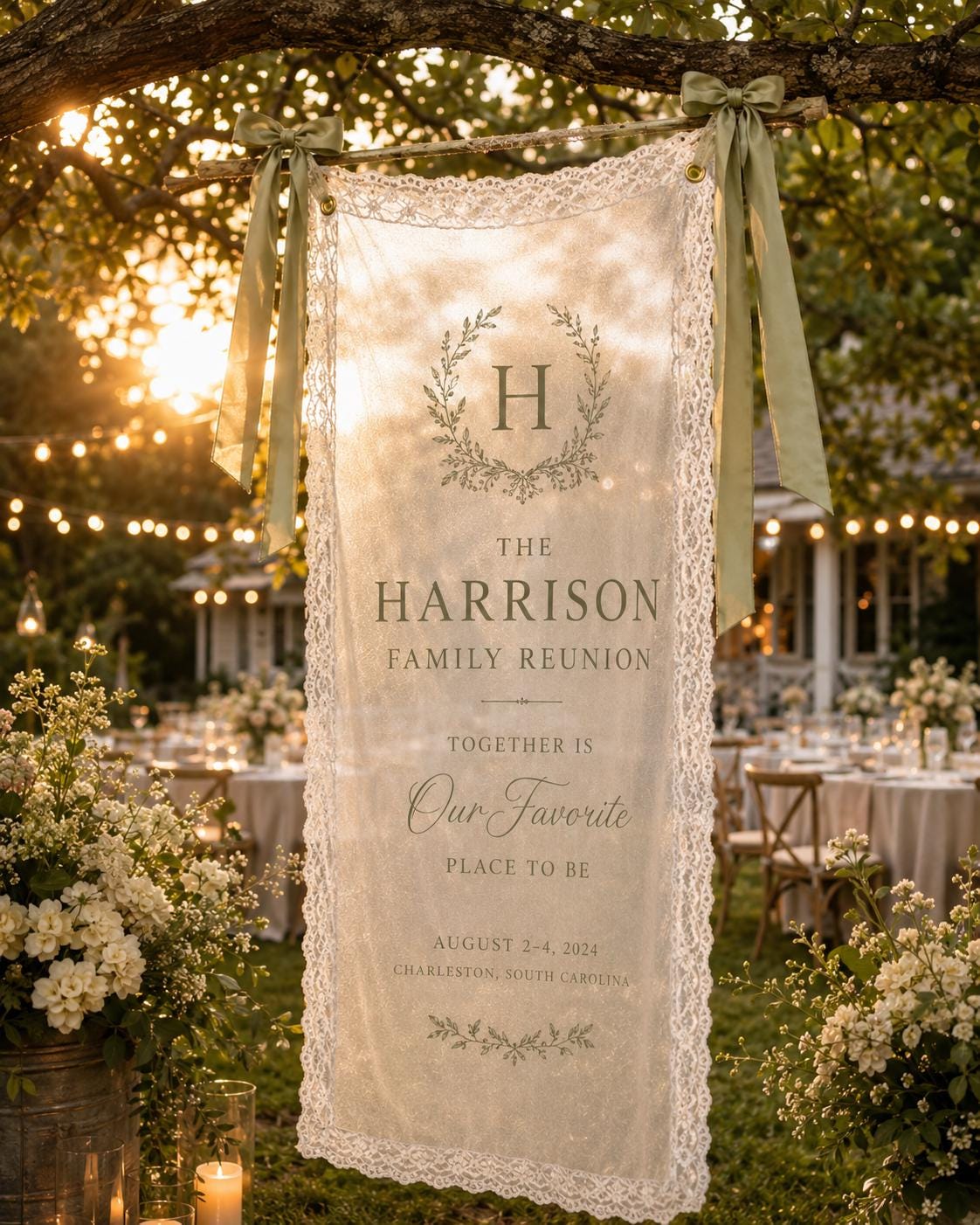 Family Reunion Lace Banner, Personalized Sheer Family Name Sign, Custom Heritage Gathering Decor - product image 2