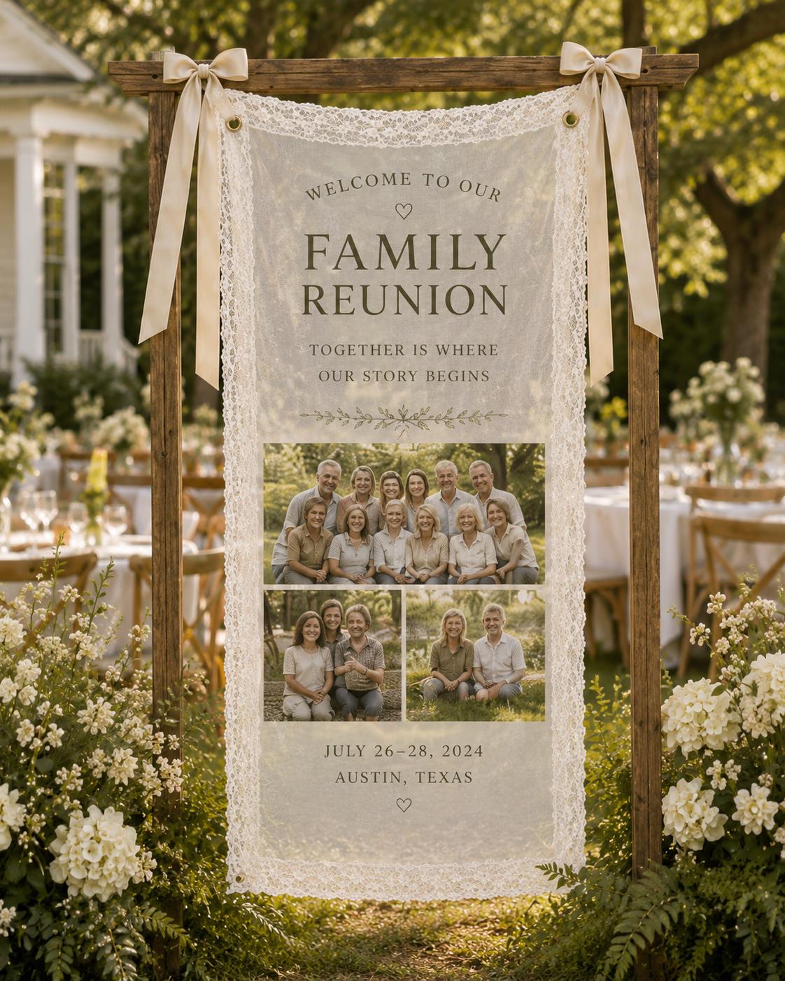 Family Reunion Lace Banner, Personalized Sheer Family Name Sign, Custom Heritage Gathering Decor - product image 1