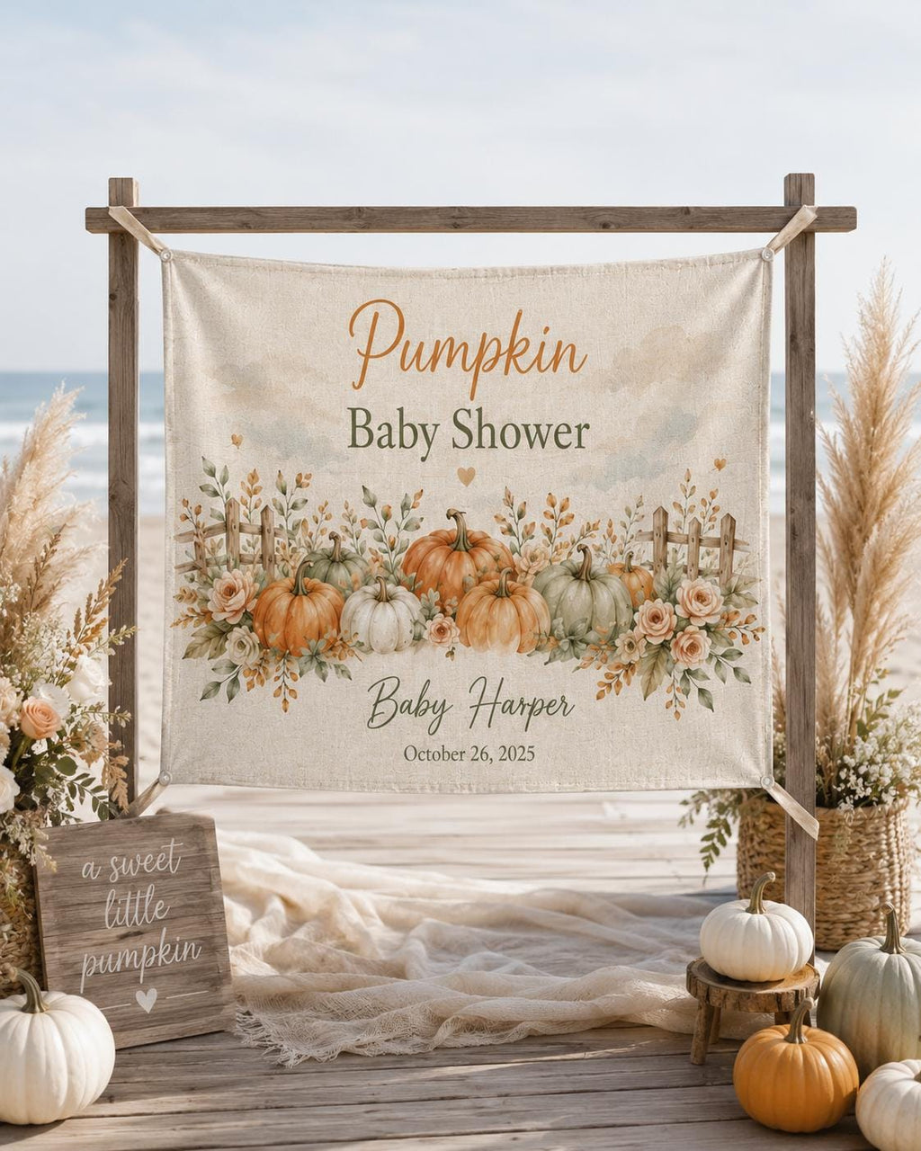 Little Pumpkin Baby Shower Tapestry, Personalized Fall Backdrop, Custom Welcome Banner - product image 7
