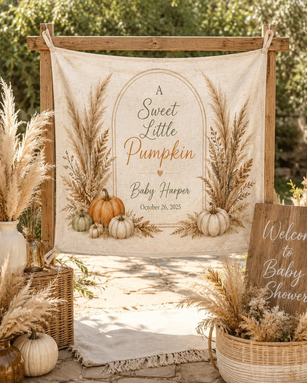 Little Pumpkin Baby Shower Tapestry, Personalized Fall Backdrop, Custom Welcome Banner - product image 10