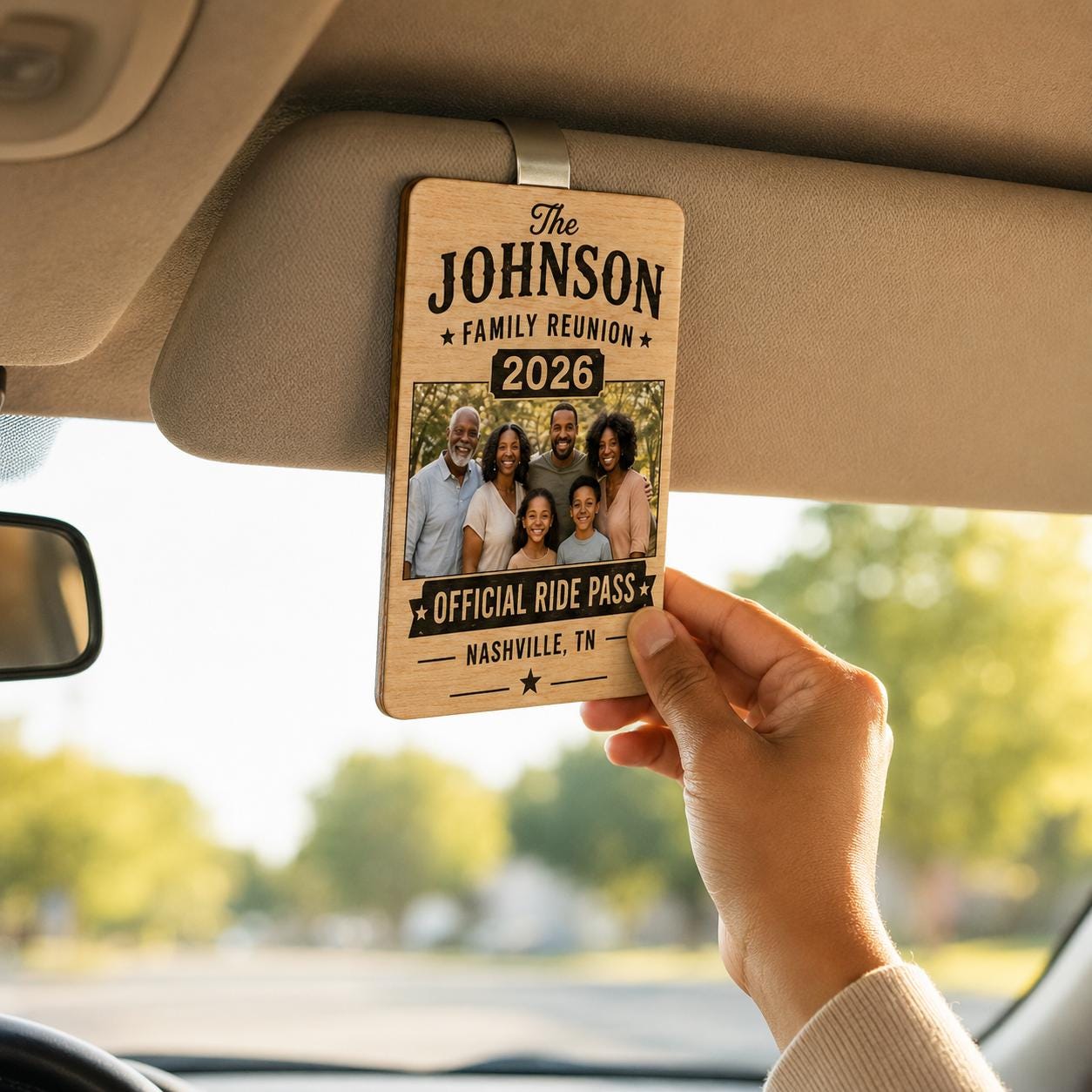 Personalized Wooden Family Reunion Ride Pass, Custom Photo Car Visor Clip - product image 8