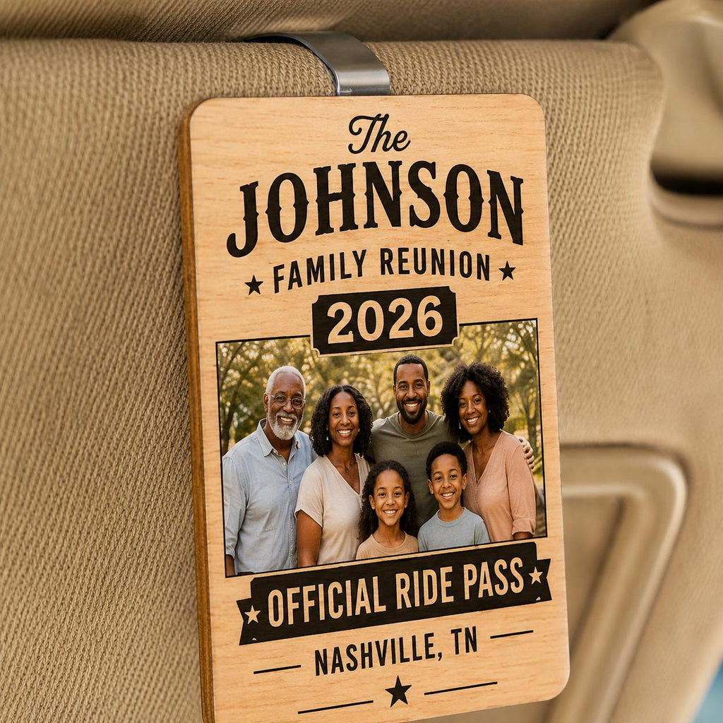 Personalized Wooden Family Reunion Ride Pass, Custom Photo Car Visor Clip - product image 9
