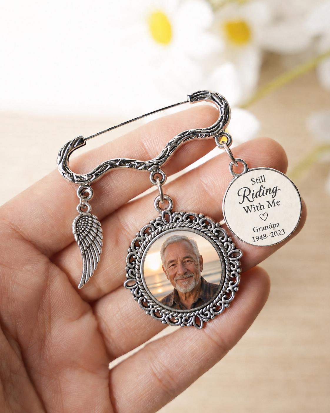Personalized Memorial Photo Car Charm, Vintage Floral Frame, Wing Dangle - product image 6