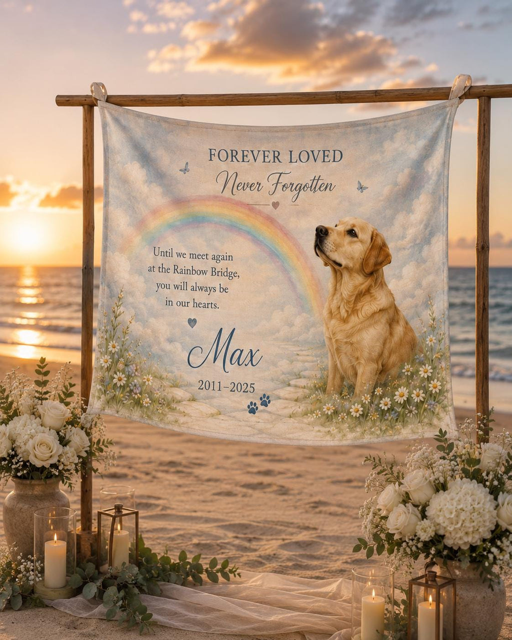 Personalized Pet Memorial Linen Tapestry, Custom Dog Cat Photo Sign, Rainbow Bridge Decor - product image 5