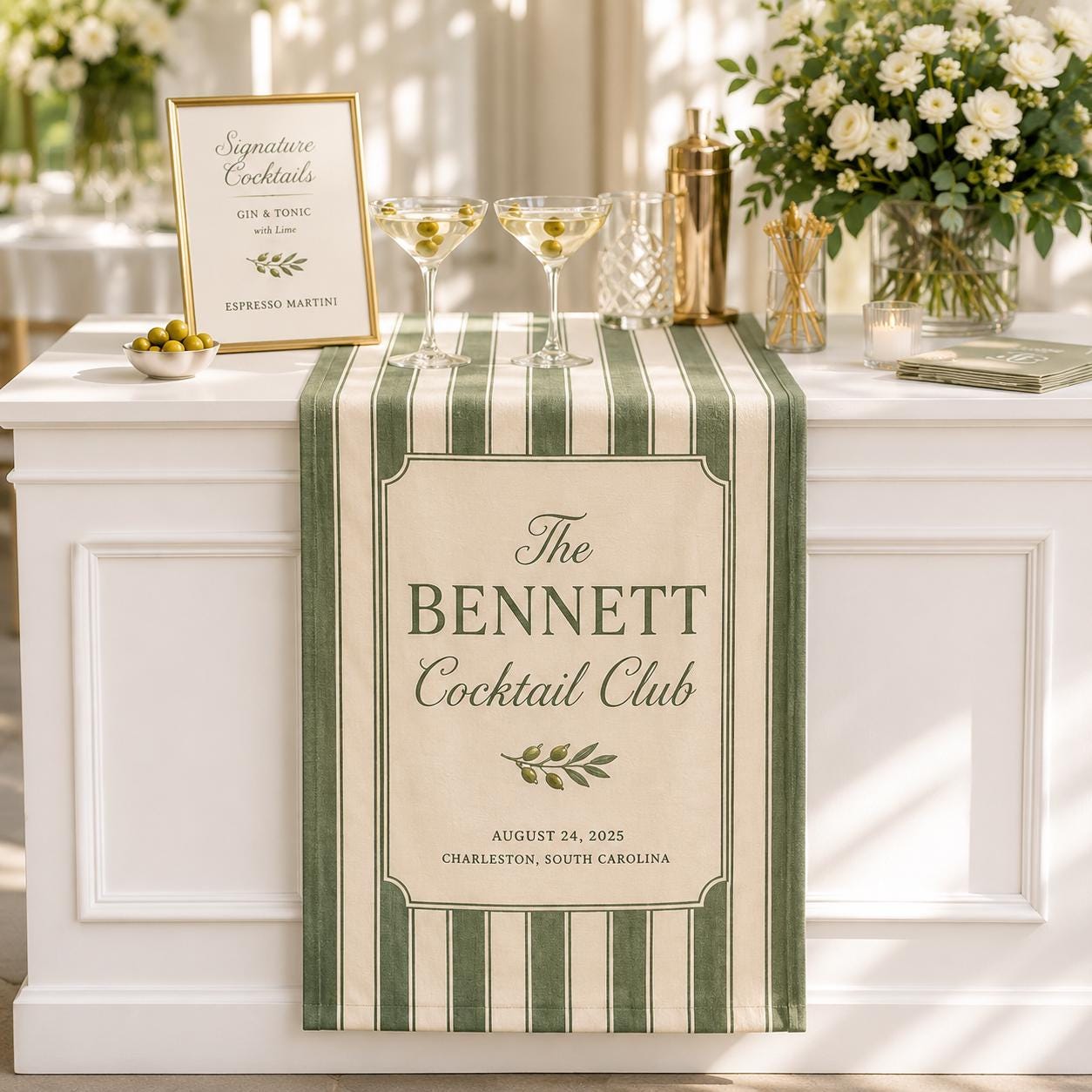 Custom Cocktail Club Wedding Banner, Personalized Surname Fabric Bar Sign, Cocktail Hour Reception Decor - product image 1