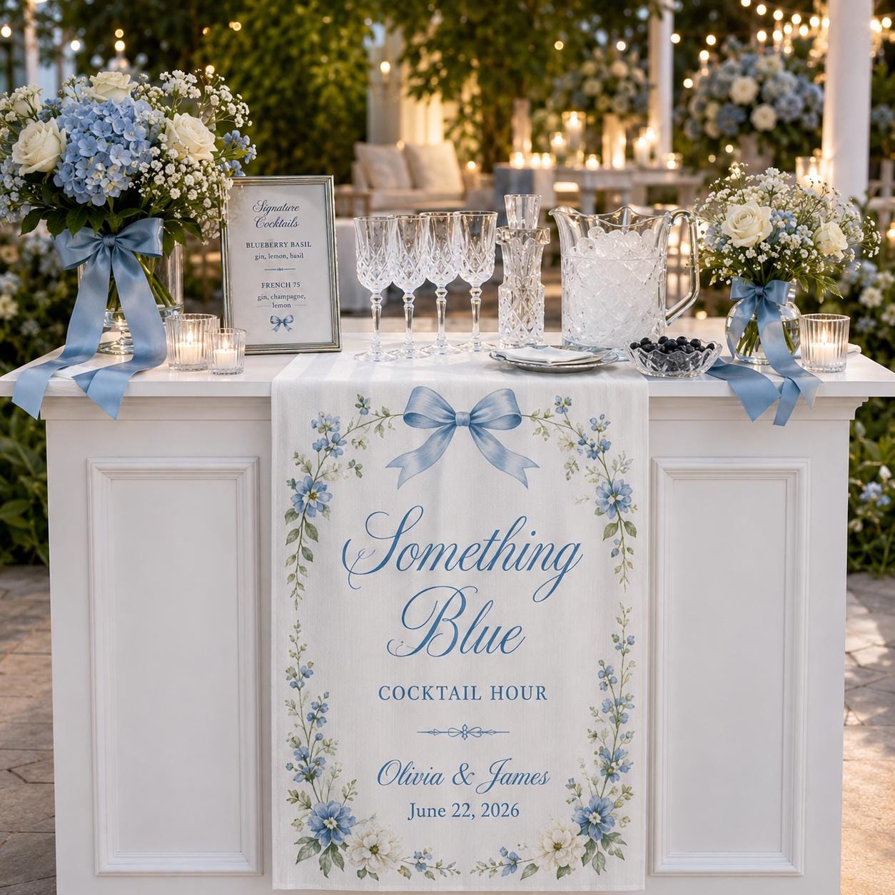 Something Blue Wedding Bar Runner, Satin Cocktail Hour Banner, Custom Reception Decor - product image 8