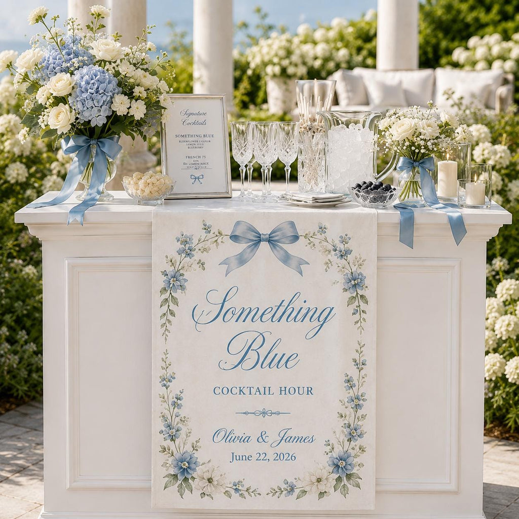 Something Blue Wedding Bar Runner, Satin Cocktail Hour Banner, Custom Reception Decor - product image 6
