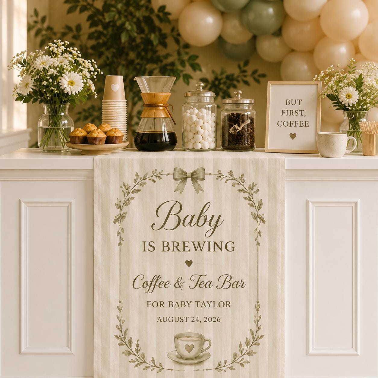 Baby Shower Coffee Bar Runner, Personalized "Baby is Brewing" Table Decor - product image 7