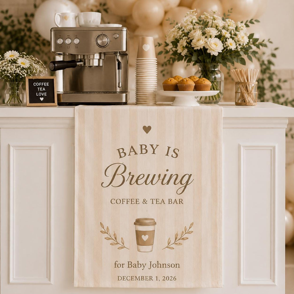 Baby Shower Coffee Bar Runner, Personalized "Baby is Brewing" Table Decor - product image 8