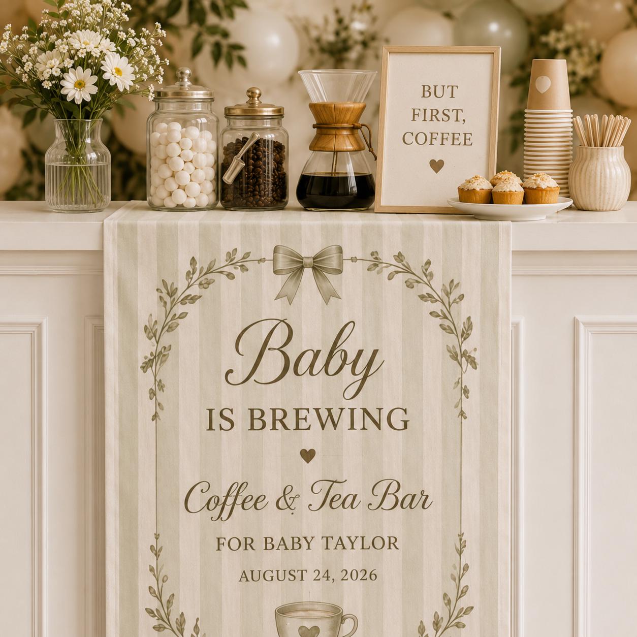 Baby Shower Coffee Bar Runner, Personalized "Baby is Brewing" Table Decor - product image 10