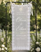 Lace Wedding Welcome Banner, Personalized Sheer Ceremony Sign – main product view