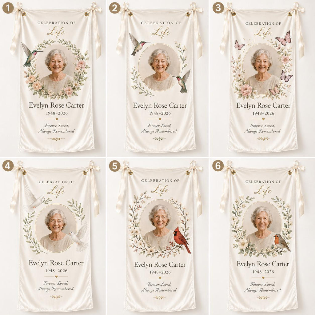 Memorial Photo Banner, Personalized Celebration of Life Fabric Sign, Custom Satin Remembrance Banner - product image 2