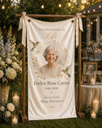 Memorial Photo Banner, Personalized Celebration of Life Fabric Sign, Custom Satin Remembrance – main product view