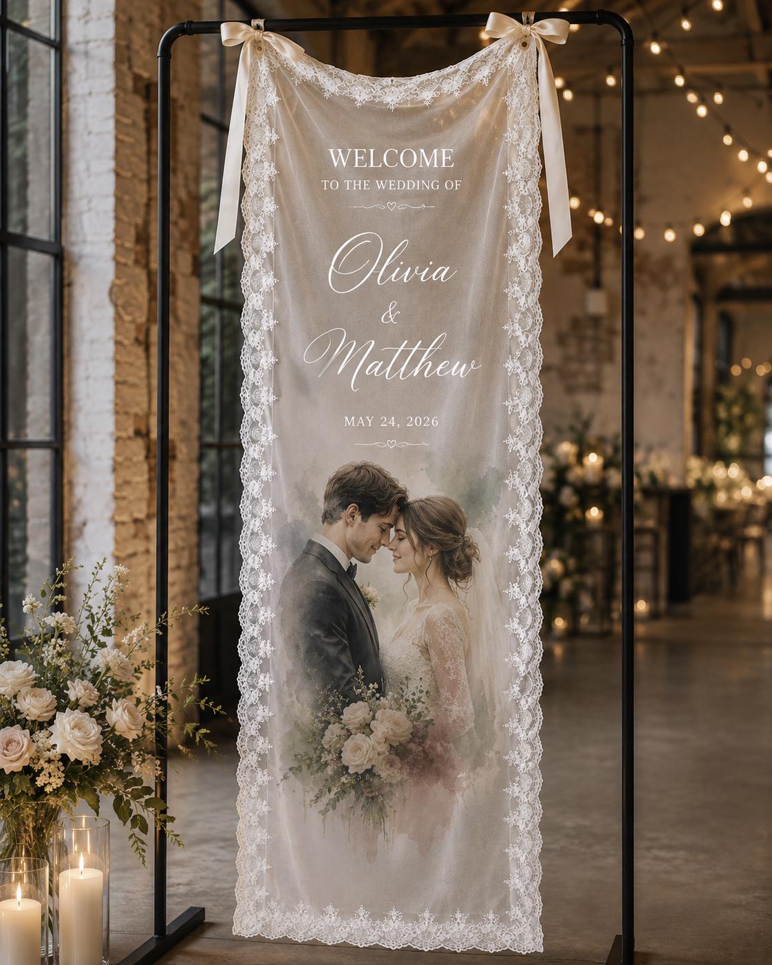 Photo Lace Wedding Banner, Personalized Sheer Welcome Sign, Custom Romantic Ceremony Decor - product image 5