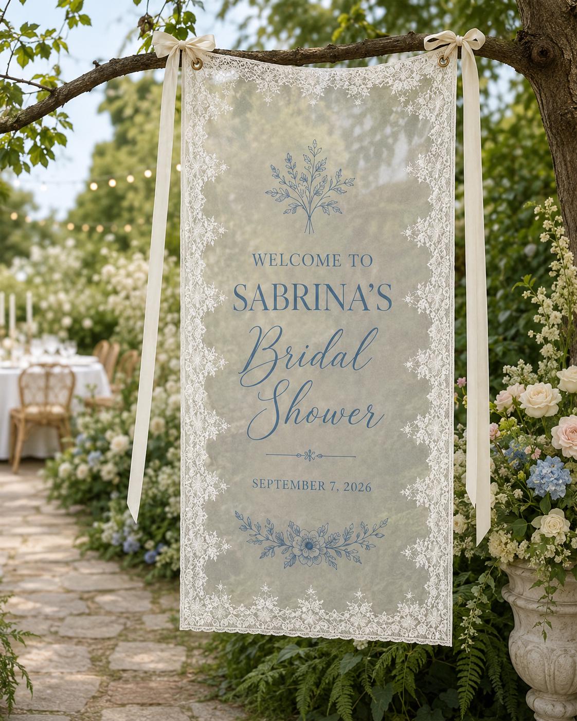 Bridal Shower Lace Banner, Personalized Sheer Welcome Sign, Custom Blue Bow Bridal Party Decor - product image 8