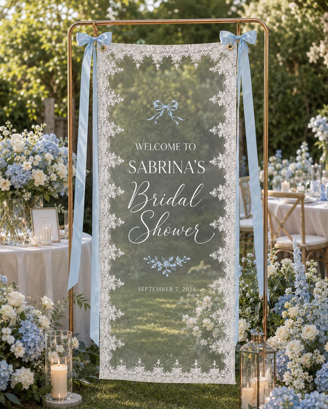 Bridal Shower Lace Banner, Personalized Sheer Welcome Sign, Custom Blue Bow Bridal Party Decor - product image 1