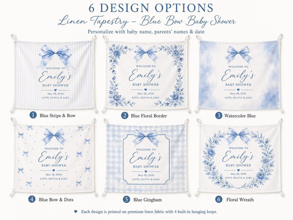 Baby Shower Linen Tapestry, Personalized Baby Backdrop Banner, Custom Blue Bow Welcome Sign - product image 2