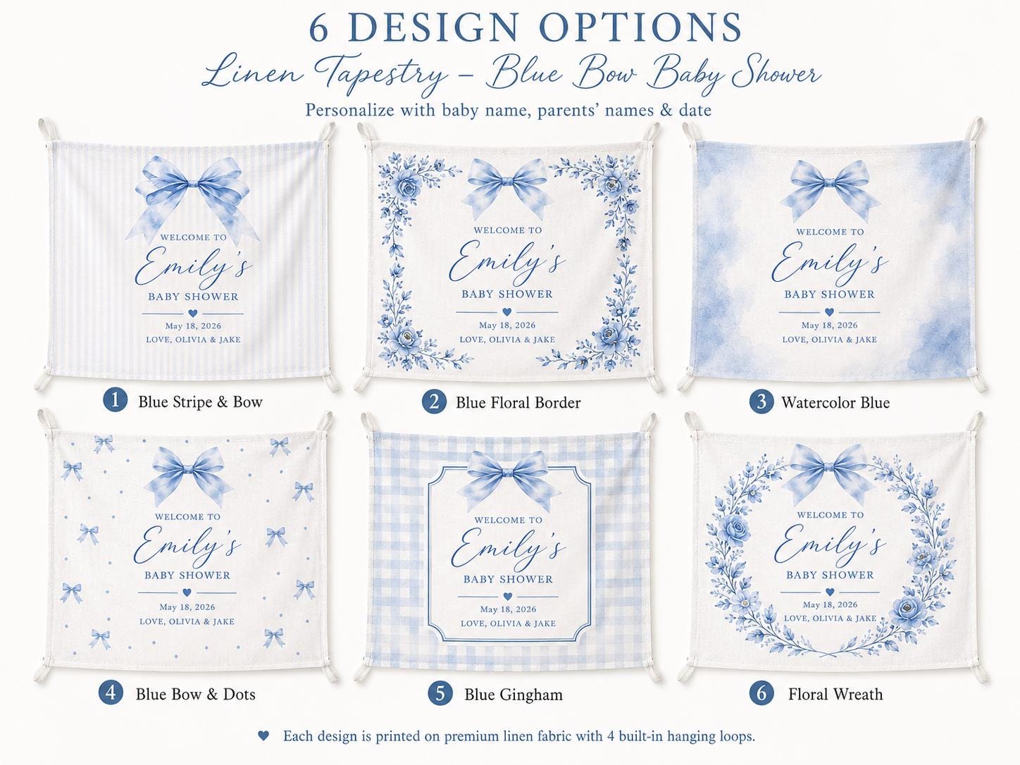 Baby Shower Linen Tapestry, Personalized Baby Backdrop Banner, Custom Blue Bow Welcome Sign - product image 2