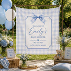 Baby Shower Linen Tapestry, Personalized Baby Backdrop Banner, Custom Blue Bow Welcome Sign – product photo 6