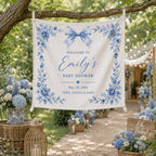 Baby Shower Linen Tapestry, Personalized Baby Backdrop Banner, Custom Blue Bow Welcome Sign – product photo 8