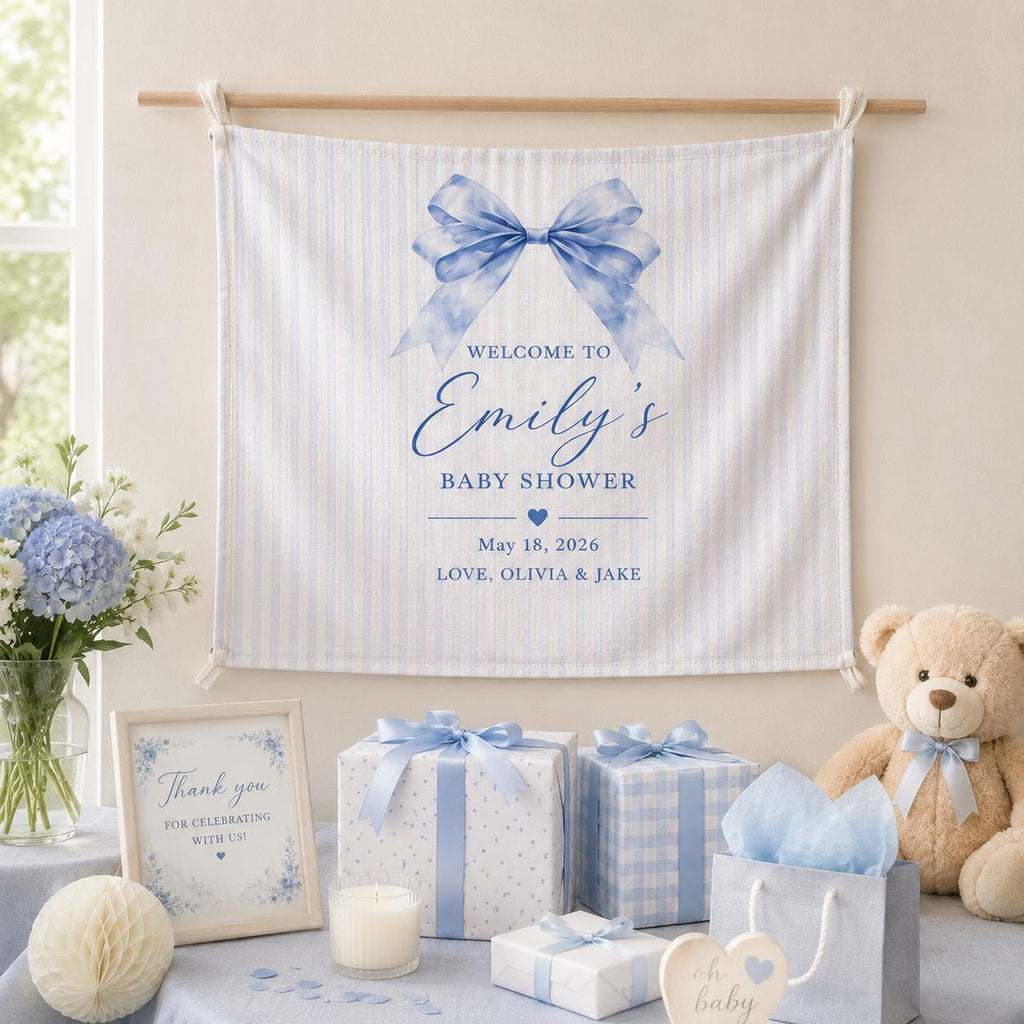 Baby Shower Linen Tapestry, Personalized Baby Backdrop Banner, Custom Blue Bow Welcome Sign - product image 7