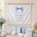 Baby Shower Linen Tapestry, Personalized Baby Backdrop Banner, Custom Blue Bow Welcome Sign – product photo 7