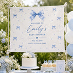 Baby Shower Linen Tapestry, Personalized Baby Backdrop Banner, Custom Blue Bow Welcome Sign – product photo 9