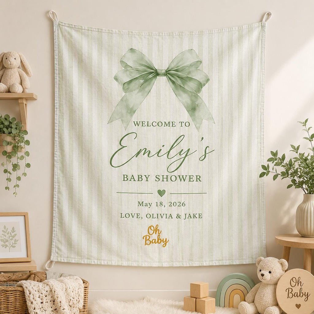Baby Shower Linen Tapestry, Personalized Baby Backdrop Banner, Custom Blue Bow Welcome Sign - product image 7