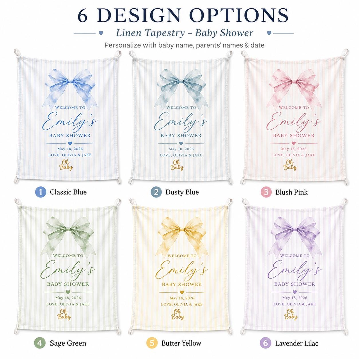 Baby Shower Linen Tapestry, Personalized Baby Backdrop Banner, Custom Blue Bow Welcome Sign - product image 2