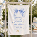 Baby Shower Linen Tapestry, Personalized Baby Backdrop Banner, Custom Blue Bow Welcome Sign – product photo 9
