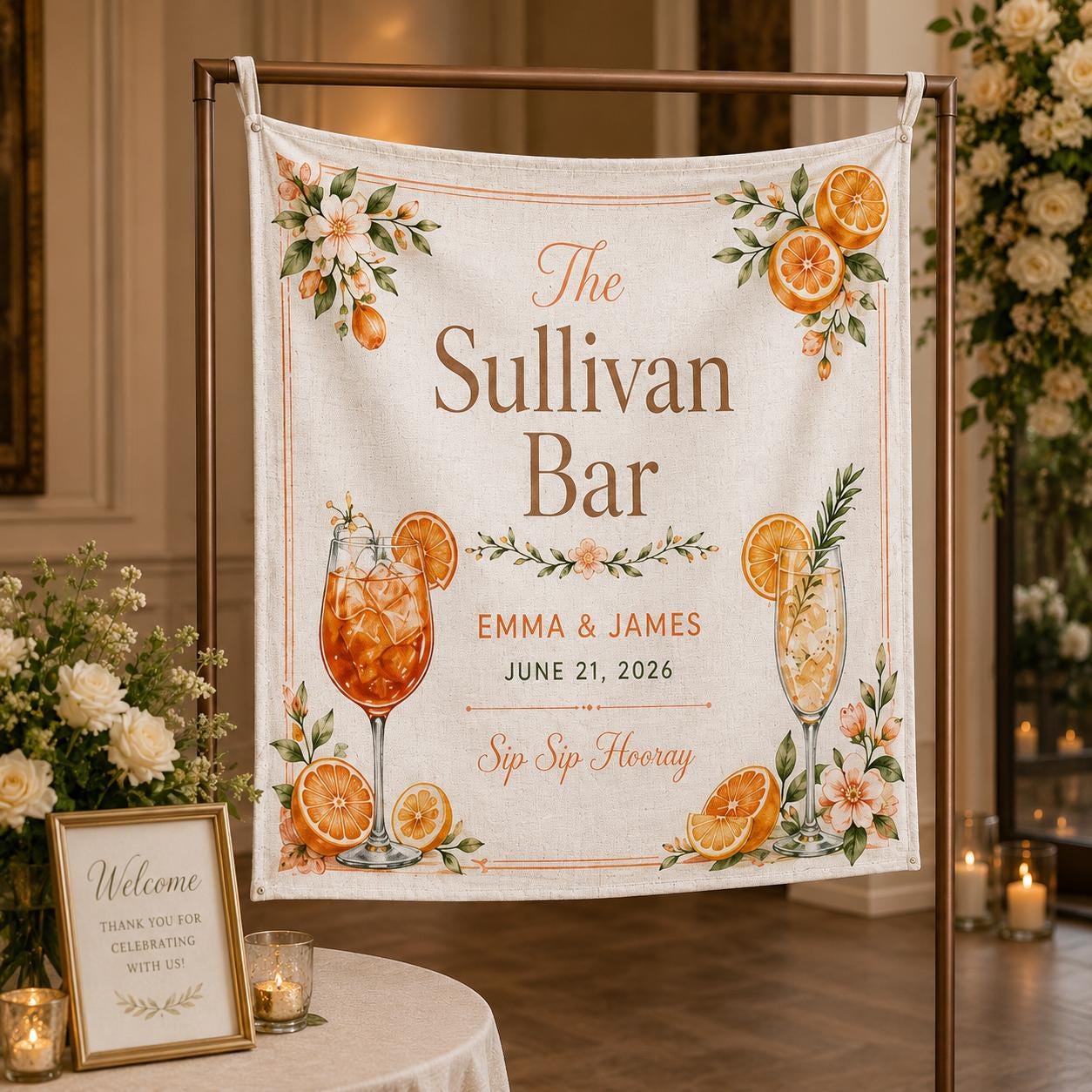 Citrus Wedding Bar Linen Tapestry, Personalized Signature Drinks Backdrop, Custom Summer Cocktail Sign - product image 4
