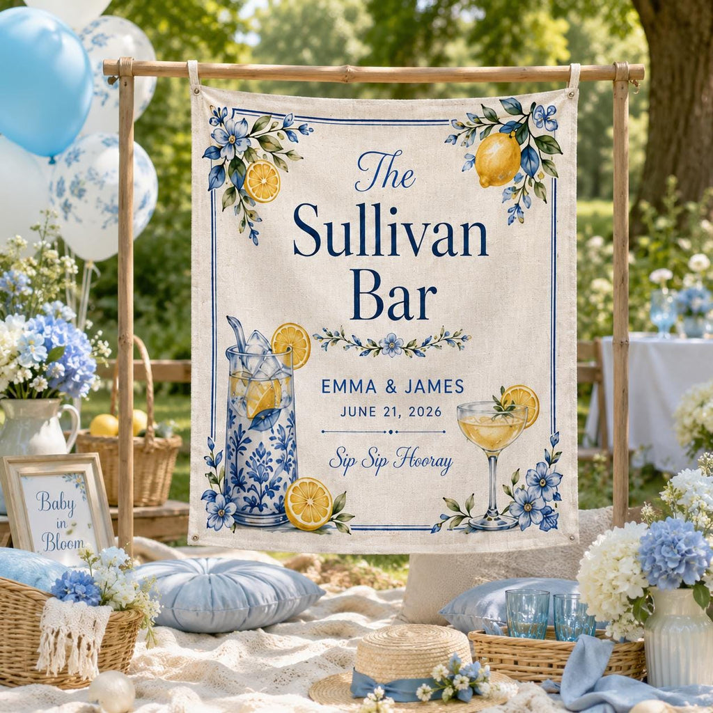 Citrus Wedding Bar Linen Tapestry, Personalized Signature Drinks Backdrop, Custom Summer Cocktail Sign - product image 5