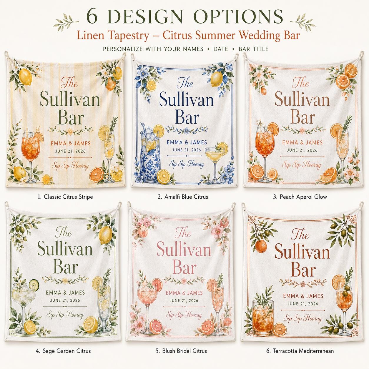 Citrus Wedding Bar Linen Tapestry, Personalized Signature Drinks Backdrop, Custom Summer Cocktail Sign - product image 2