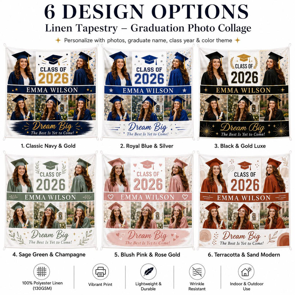 Graduation Photo Collage Linen Tapestry, Personalized Class of 2026 Backdrop, Custom Senior Party Banner - product image 2